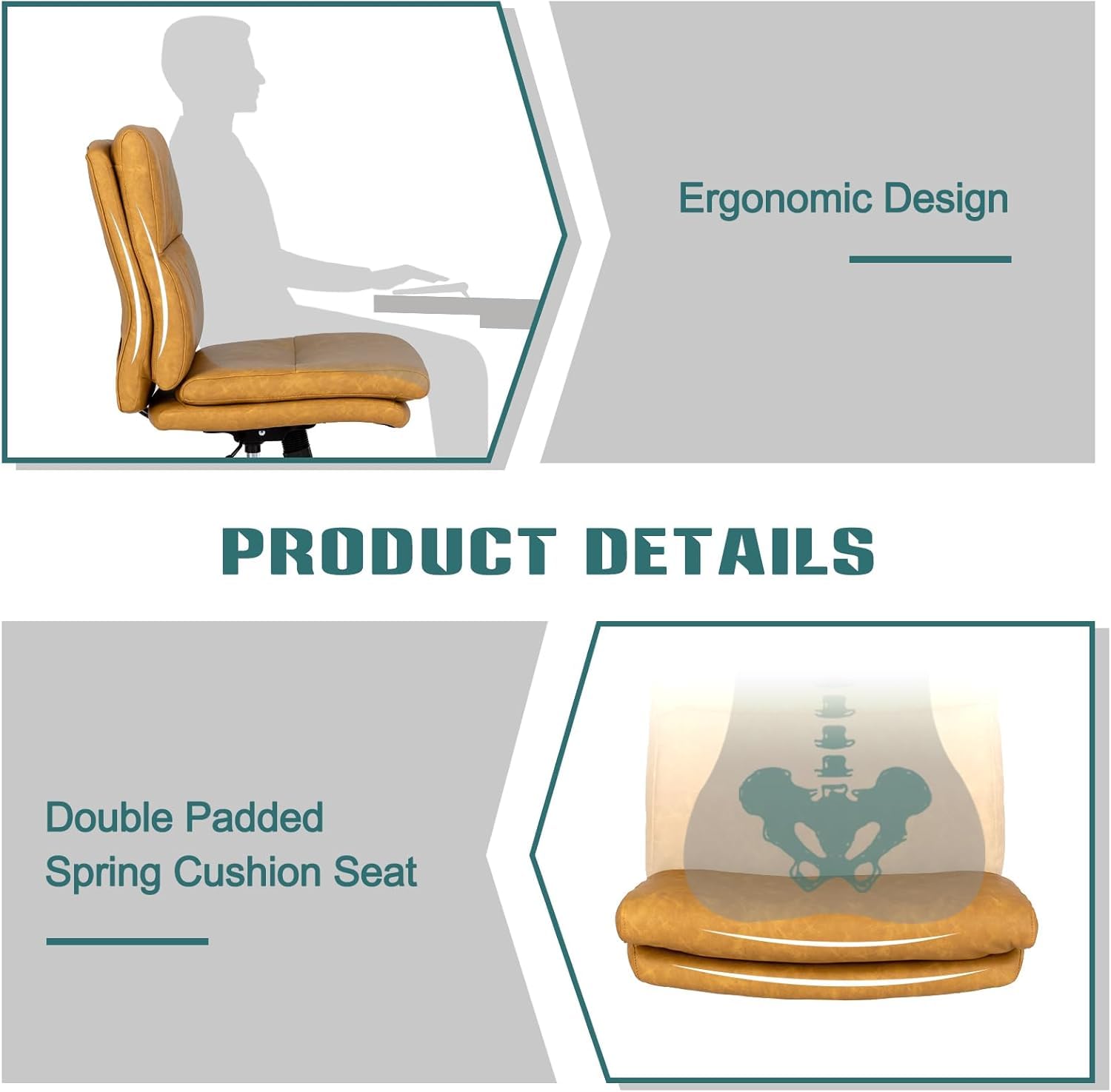 Armless Office Desk Chair with Wheels, Double Padded PU-Leather Chairs, Mid-Back Criss Cross Swivel Task Chair, Height Adjustable Cushioned Vanity Chair for Home, Office & Bedroom (Yellow)