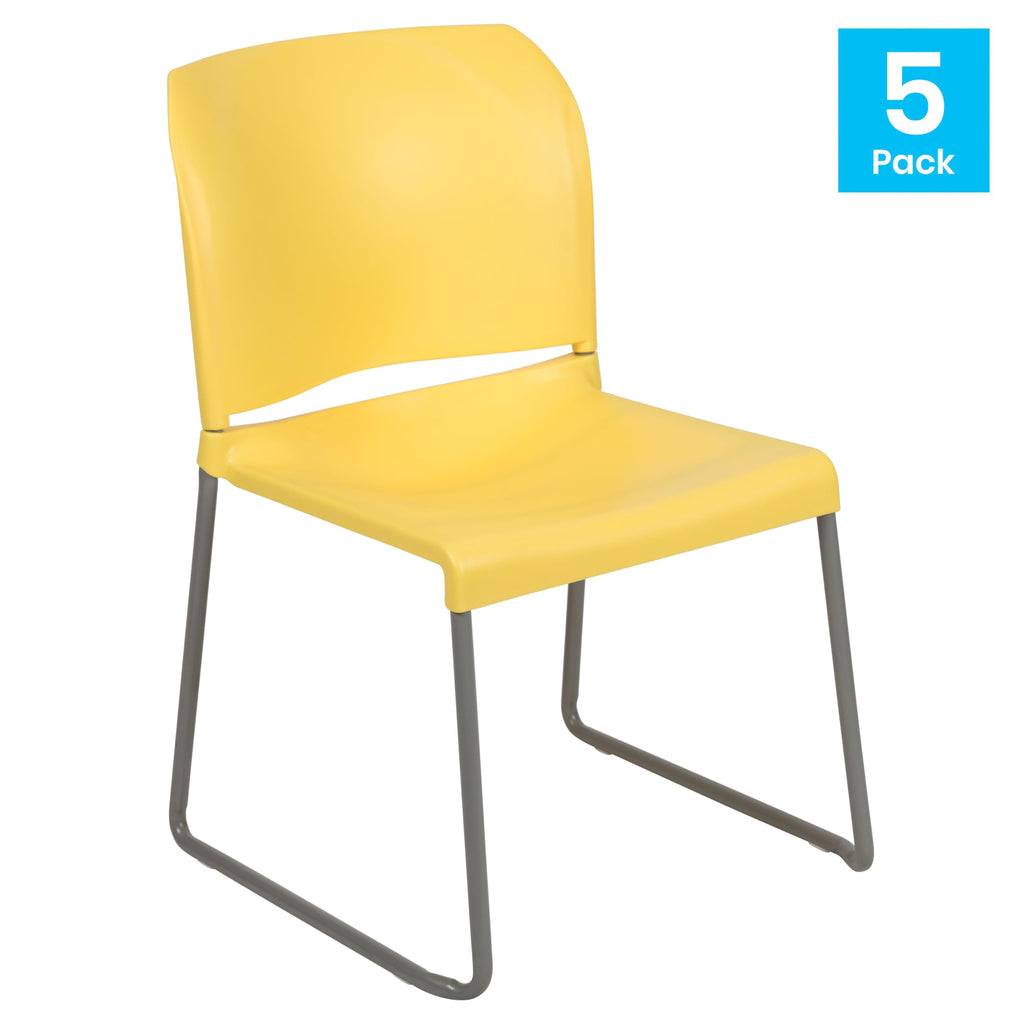 HERCULES Series 5 Pack 880 lb. Capacity Yellow Full Back Contoured Stack Chair with Gray Powder Coated Sled Base