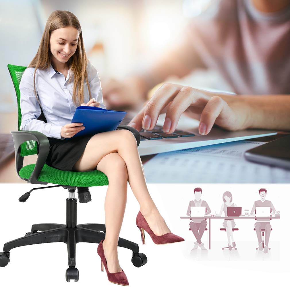 Ergonomic Office Chair | Mid-Back Swivel Desk Chair | Breathable Backrest & Lumbar Support | Adjustable Height | Sponge Seat | Rolling Wheels | Green | for Adults & Women