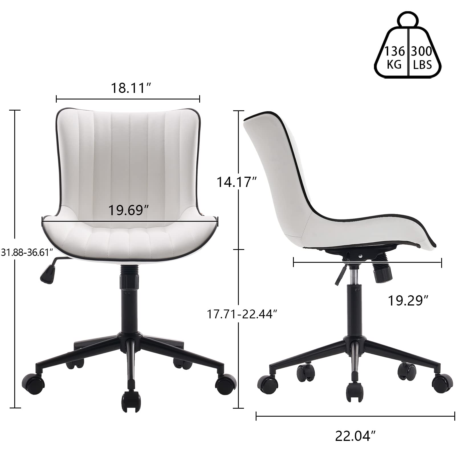 White Armless Office Chair Faux Leather Small Cute Desk Chair with 12° Rocking Back Adjustable Height Swivel Vanity Chair Ergonomic Compact Home Computer Rolling Task Chair for Small Spaces