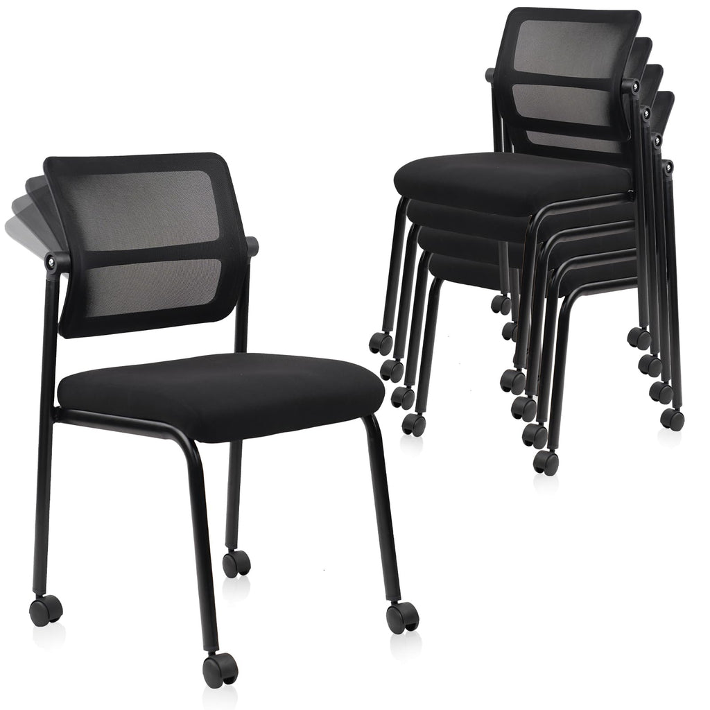 Black, 4 Pack, Stacking Armless Office Waiting Room Chair with Wheels, Stackable Mesh Guest Reception Desk Chairs with Adjustable Backrest for Conference Lobby Side School,