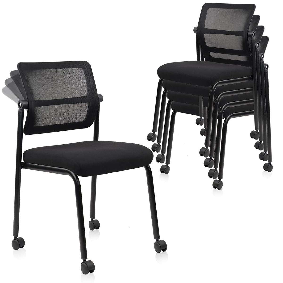 Black, 4 Pack, Stacking Armless Office Waiting Room Chair with Wheels, Stackable Mesh Guest Reception Desk Chairs with Adjustable Backrest for Conference Lobby Side School,