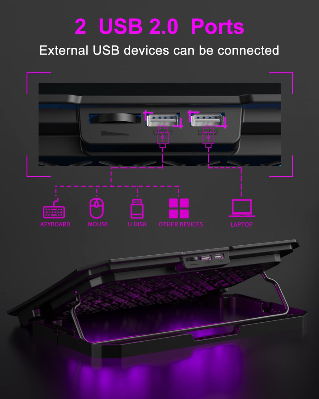 Upgrade Laptop Cooling Pad, Laptop Cooler 2 Fans for 10-15.6 Inch Laptops, 5 Height Stands, 2 USB Ports (S039-Purple)