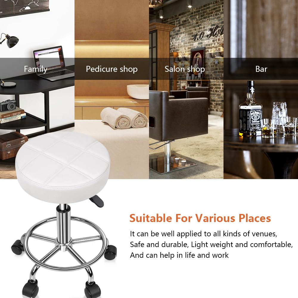 Round Rolling Stool Chair PU Leather Height Adjustable Swivel Drafting Work SPA Shop Medical Salon Stools with Wheels Office Chair Small (White)