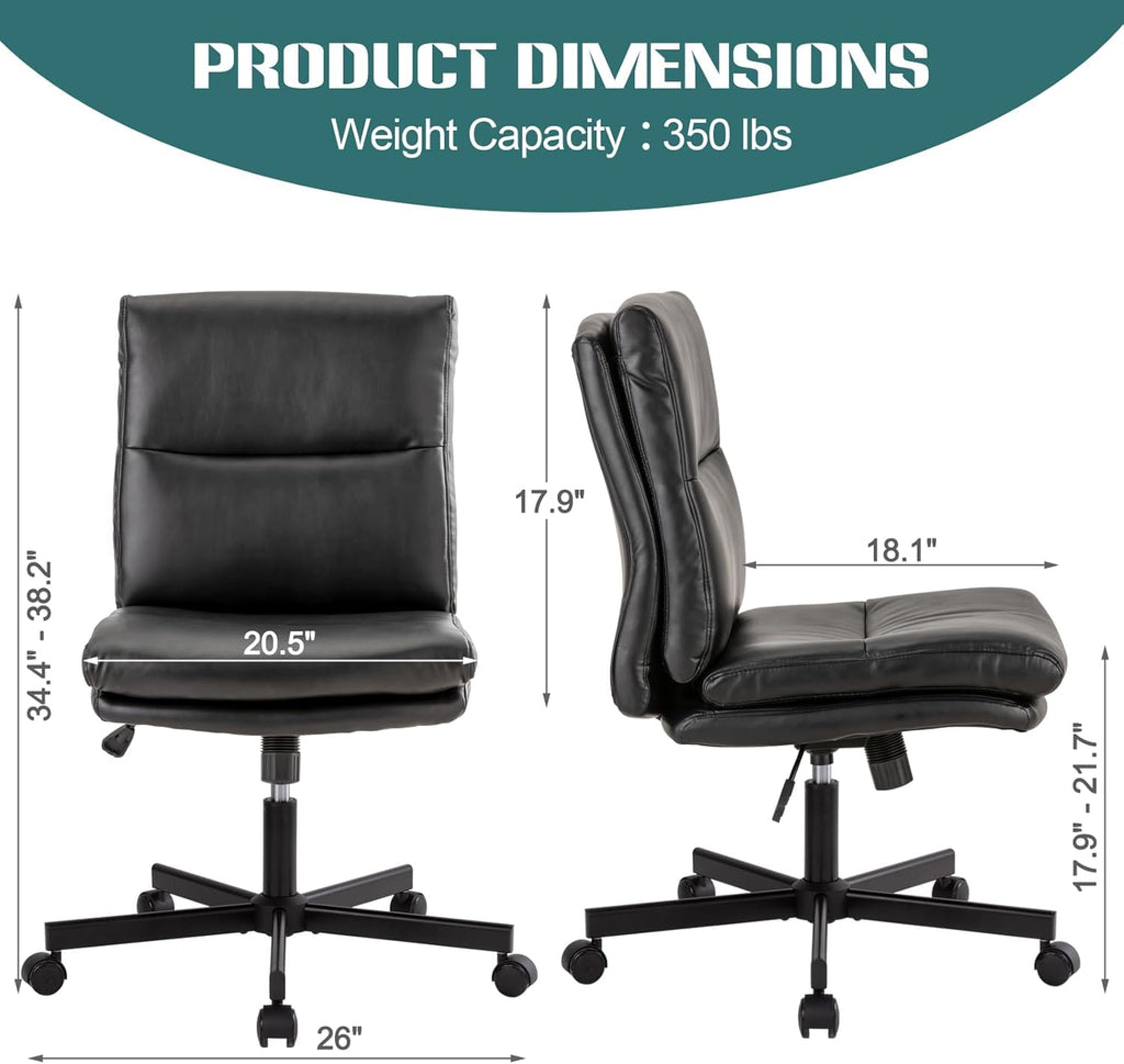 Armless Office Desk Chair with Wheels, Mid-Back Criss Cross Swivel Task Chair, Height Adjustable Cushioned Vanity Chair, Double Padded PU-Leather Chairs for Home, Office & Bedroom (Black)