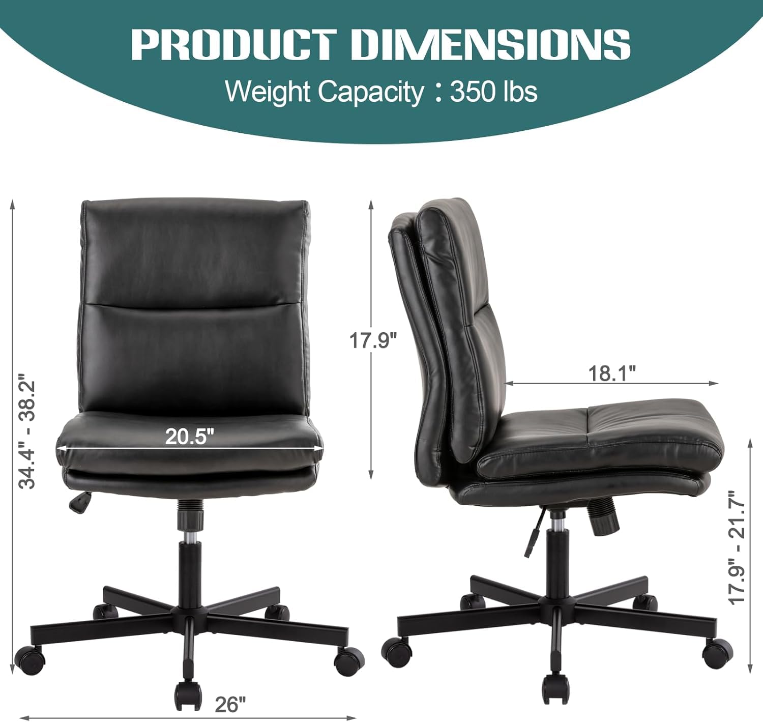 Armless Office Desk Chair with Wheels, Mid-Back Criss Cross Swivel Task Chair, Height Adjustable Cushioned Vanity Chair, Double Padded PU-Leather Chairs for Home, Office & Bedroom (Black)