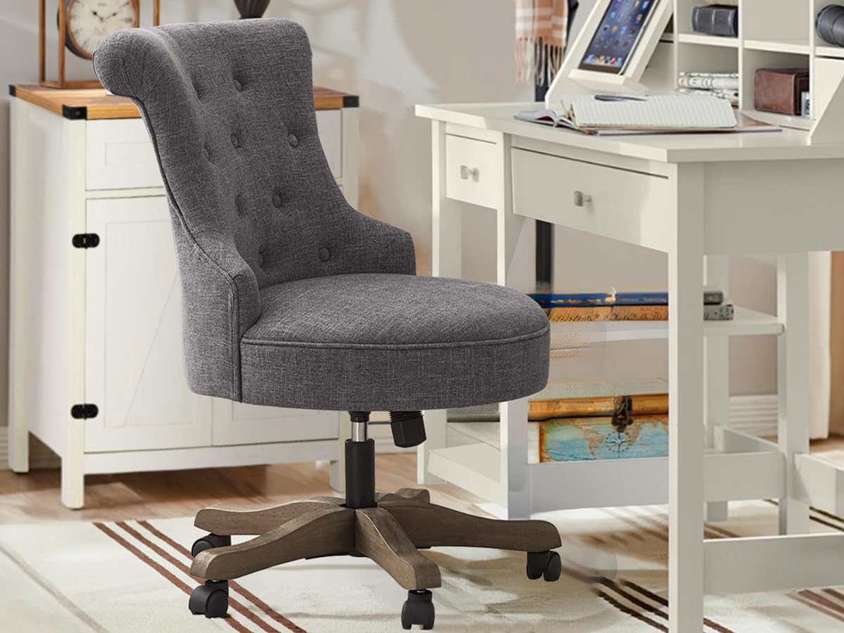 Home Office Chair Upholstered Armless Desk Chair with Wheels Adjustable Height Computer Desk Chair with Wooden Legs Linen Fabric Comfortable Swivel Chairs for Home Office Study Studio (Grey)