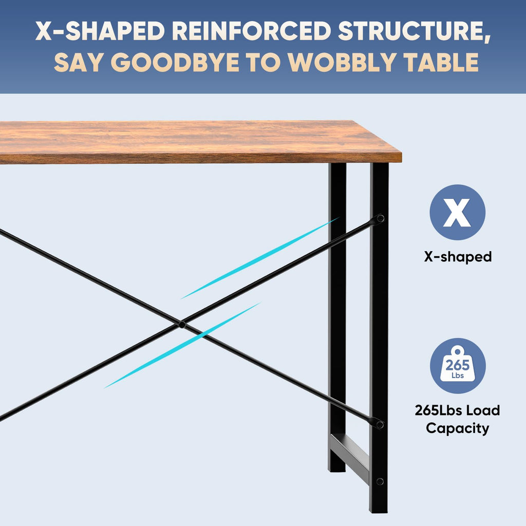 55 Inch Computer Office Desk Writing Gaming Study Work Large Desks for Bedroom Home Office with Metal Frame Simple Modern PC Table Workstation, Wood Brown