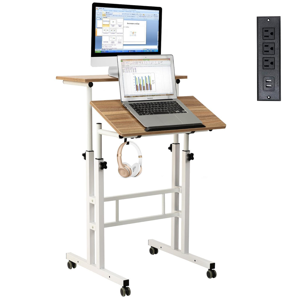 Mobile Standing Desk with Charging Station, Adjustable Standing Computer Desk, Standing Adjustable Laptop Cart with Wheels for Home Office Classroom Vintage Oak