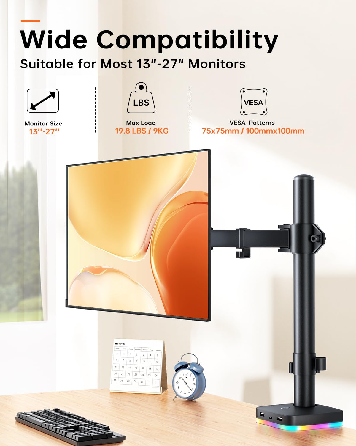 Single Monitor Stand, Monitor Arm with 3 USB Ports, Charging and USB Data Transfer Function, Adjustable Desk Mount for 13"-27" Monitors up to 17.6lbs, VESA 75x75mm 100x100mm, Ergonomic Design