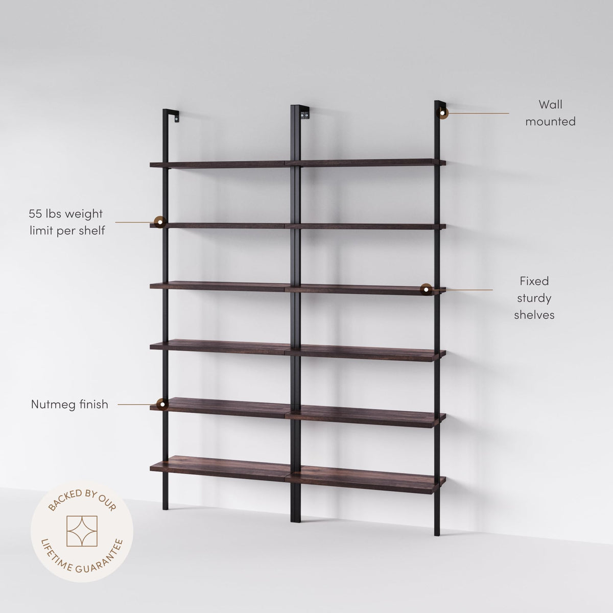 6-Shelf Tall Bookcase, Wall Mount Bookshelf with Natural Wood Finish and Industrial Metal Frame, Nutmeg/Matte Black, Set of 2