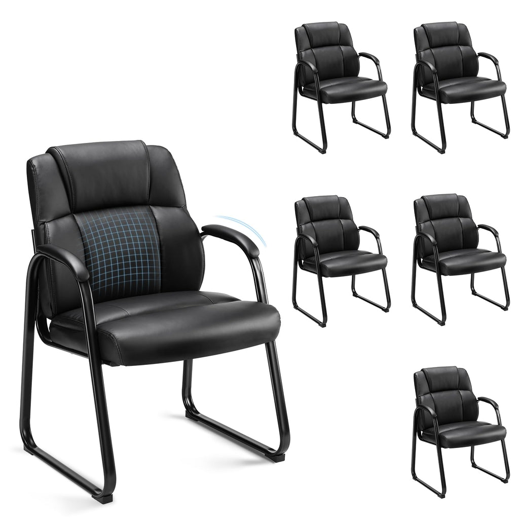 Set of 6, Waiting Room Guest Chair Leather Stationary Office Reception Chairs No Wheel, Comfy Padded Arms and Seld Base, for Conference Room Lobby Home Desk Bedroom Elderly, Black