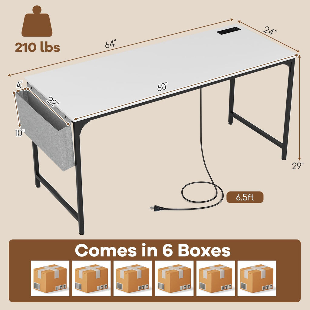 60" Conference Desk Set of 6, Modern Boardroom Desk with Storage Bag, Headphone Hook, Sturdy Metal Frame, Rectangular Seminar Table with Charging Station