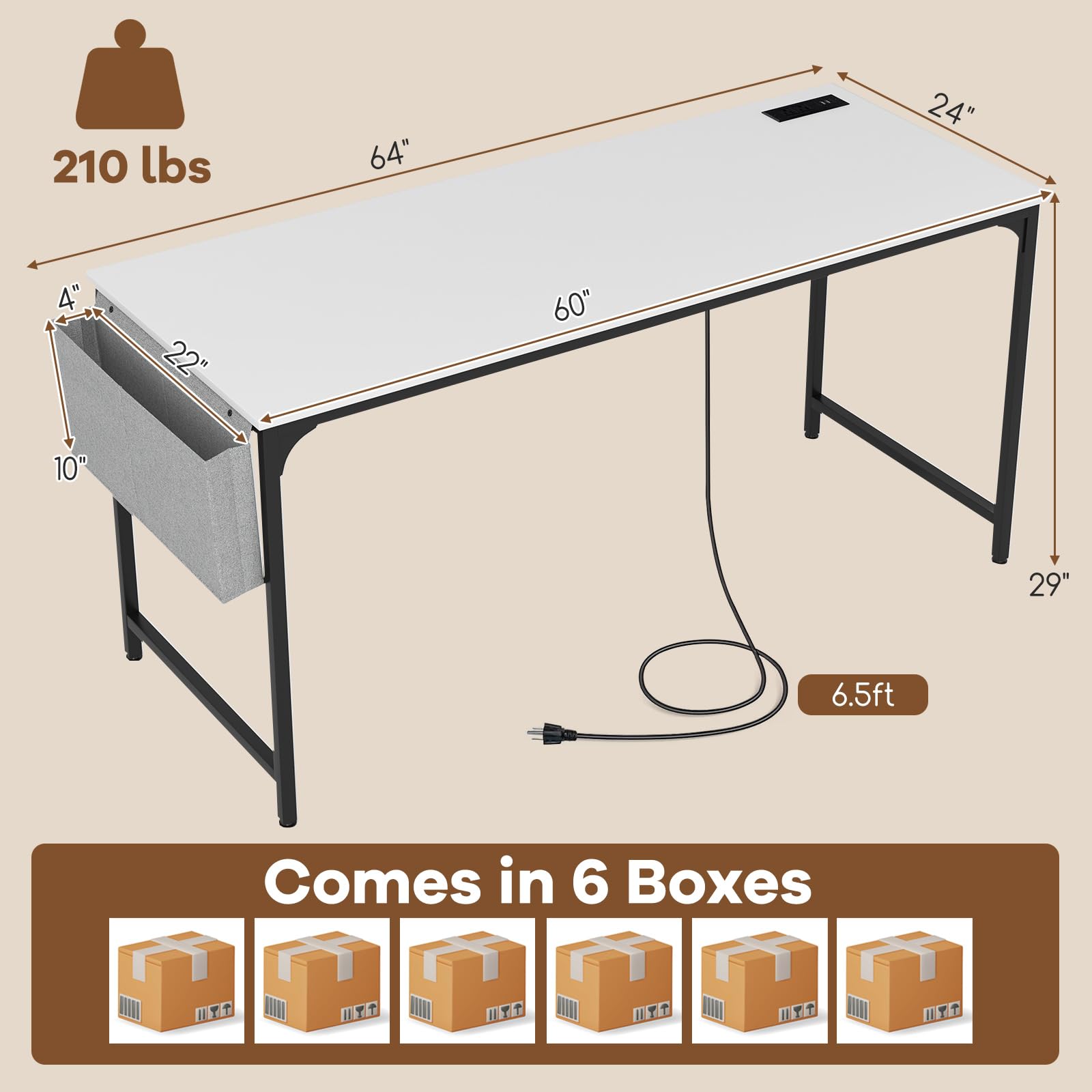 60" Conference Desk Set of 6, Modern Boardroom Desk with Storage Bag, Headphone Hook, Sturdy Metal Frame, Rectangular Seminar Table with Charging Station
