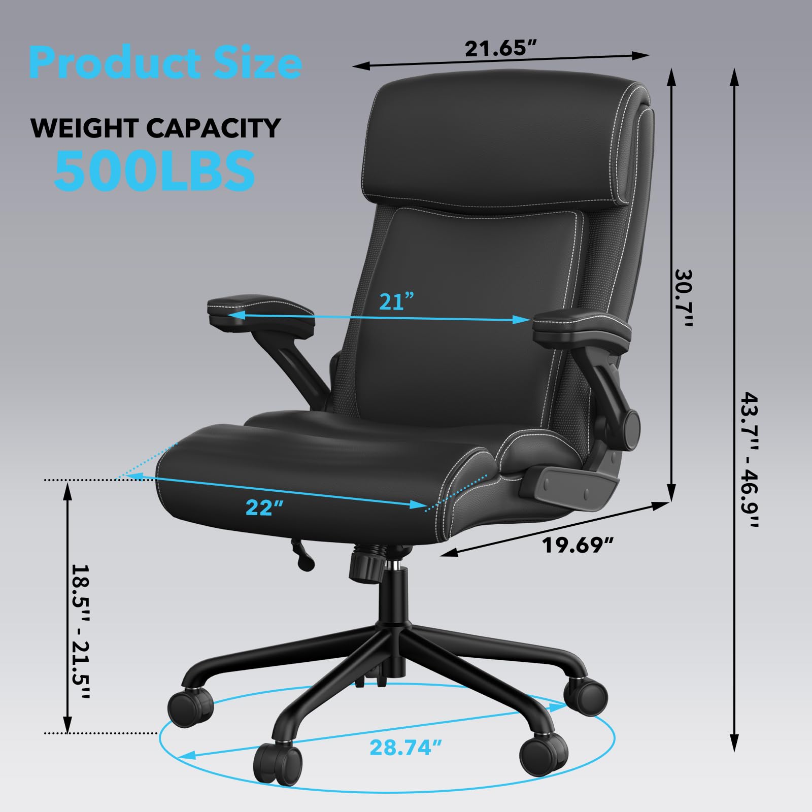 ralex-chair Big and Tall Office Chair, 500lbs for Heavy People, High Back Leather Executive Desk Chair with Flip-up Armrests and Adjustable Height (Black)