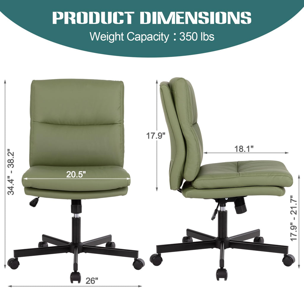 Armless Office Desk Chair with Wheels, Mid-Back Criss Cross Swivel Task Chair, Height Adjustable Cushioned Vanity Chair, Double Padded PU-Leather Chairs for Home, Office & Bedroom (Green)