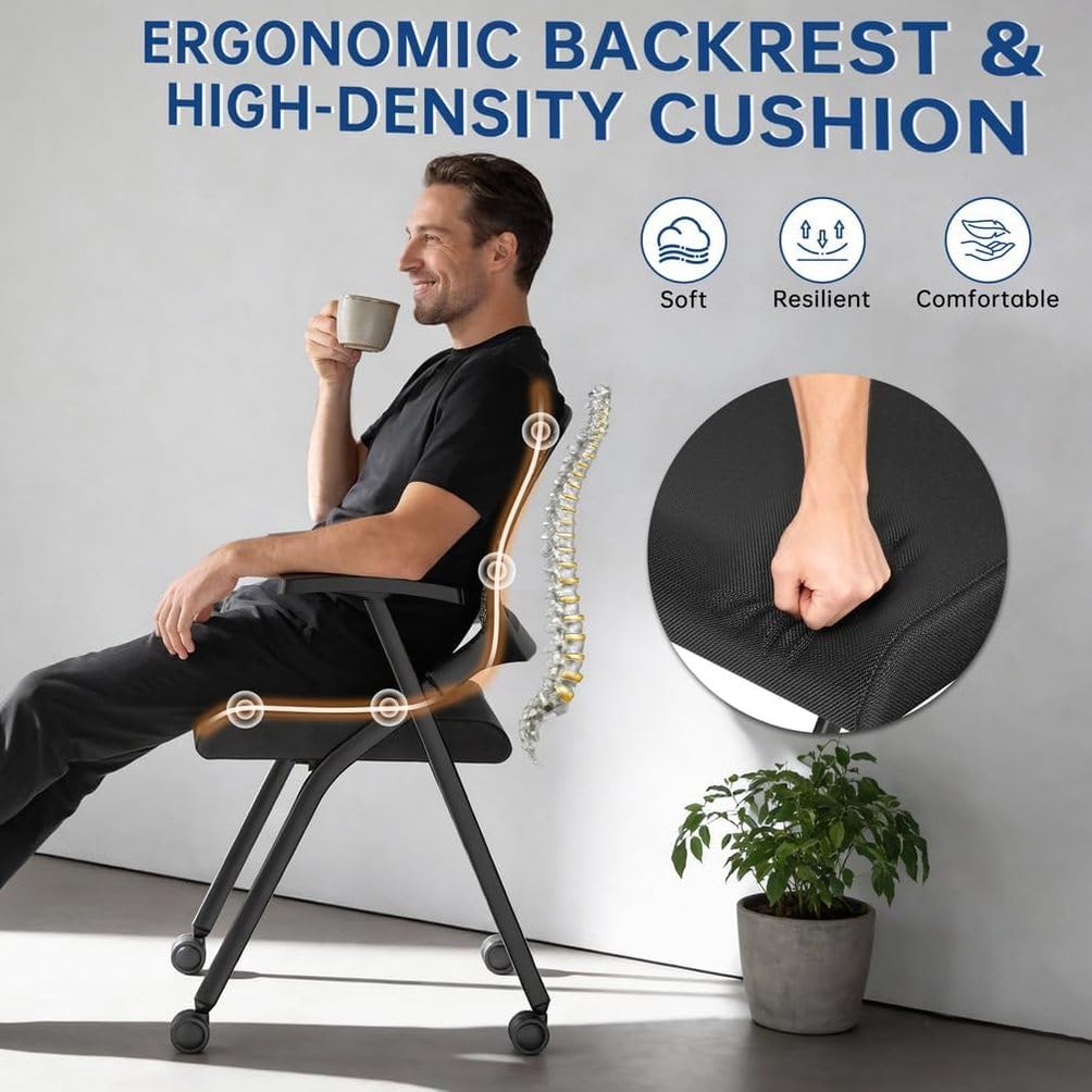 24 PK, Folding Office Chair with Wheels - Mobile Mesh Back Conference Room Chair with Padded Seat, Foldable & Stackable for Meeting Room, Training, Seminar,Classroom School & Office - Black