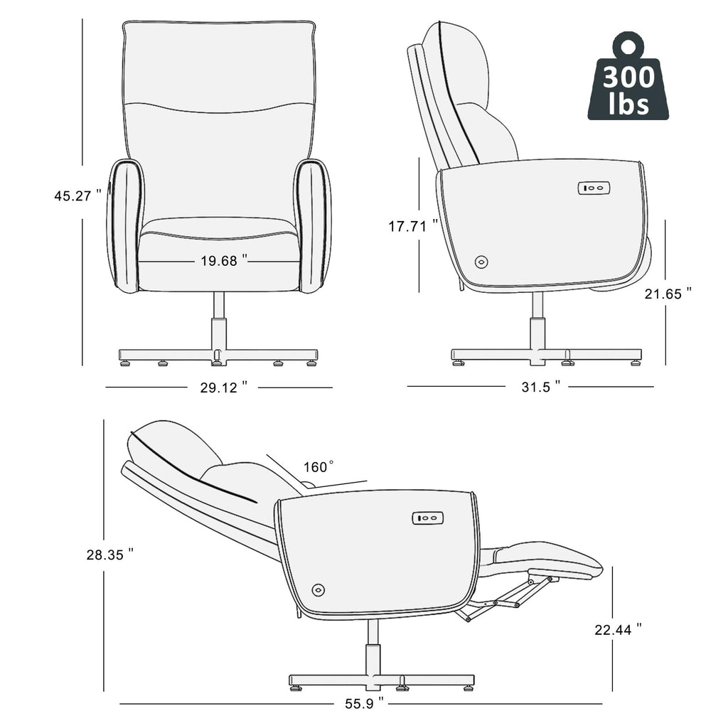 Power Swivel Recliner Chair, Modern Electric with USB & Type-C Ports, Upholstered Velvet Swivel Recliner Chair, 360° Swivel for Office & Living Room, Easy Assembly (Coffee)