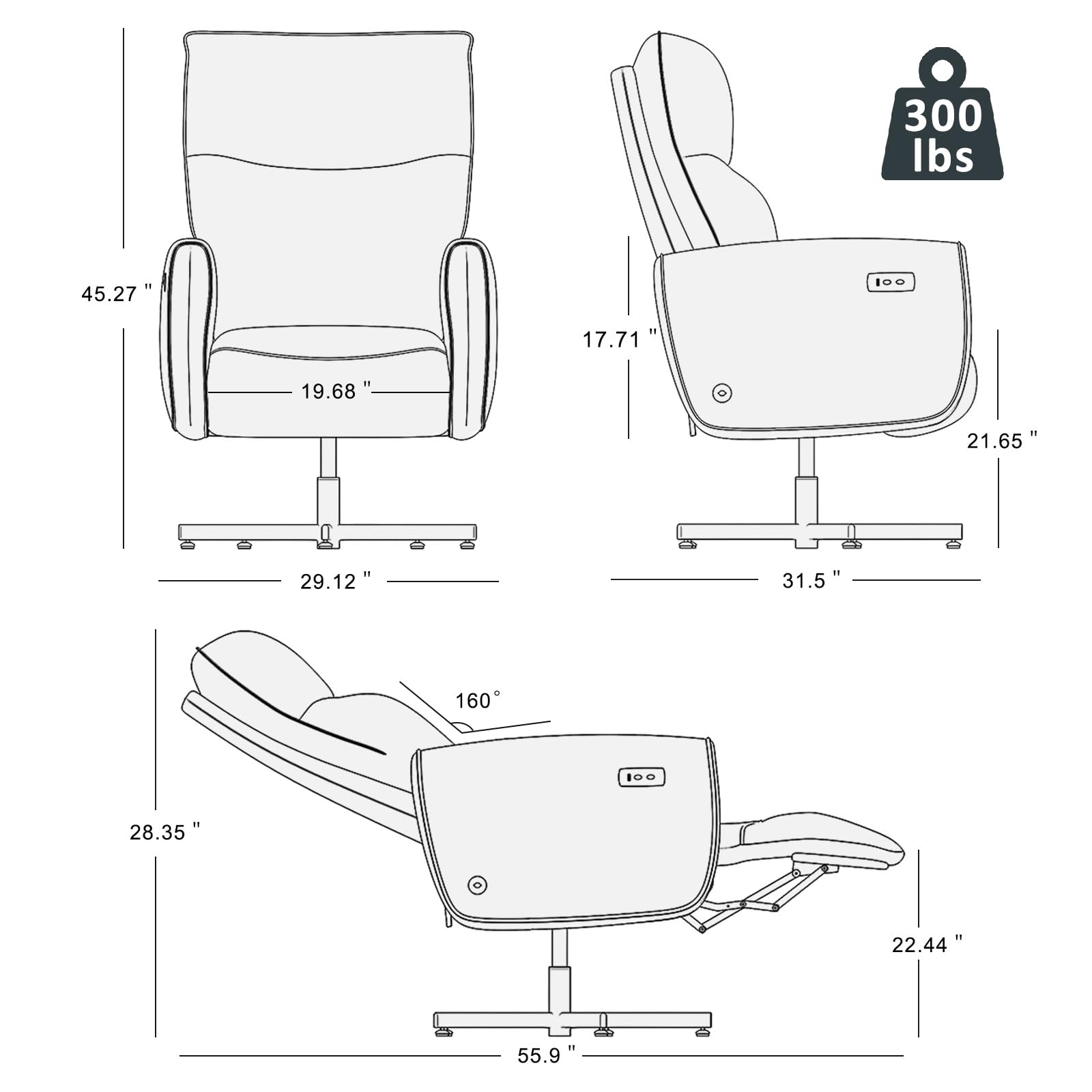 Power Swivel Recliner Chair, Modern Electric with USB & Type-C Ports, Upholstered Velvet Swivel Recliner Chair, 360° Swivel for Office & Living Room, Easy Assembly (Dark Gray)