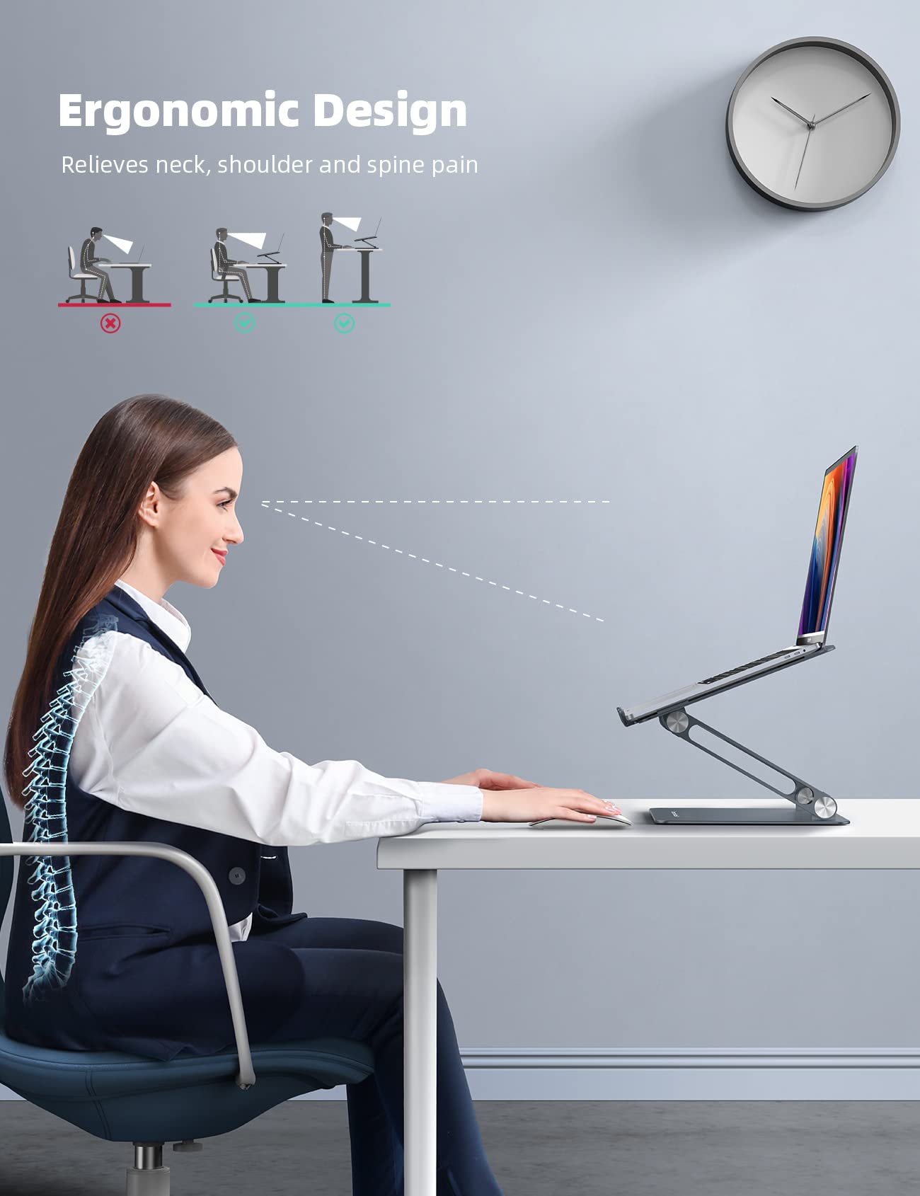Adjustable Laptop Stand, Portable Laptop Riser, Aluminum Laptop Stand for Desk Foldable, Ergonomic Computer Notebook Stand Holder for MacBook Air Pro, Dell XPS, HP (10-17.3'') - Grey
