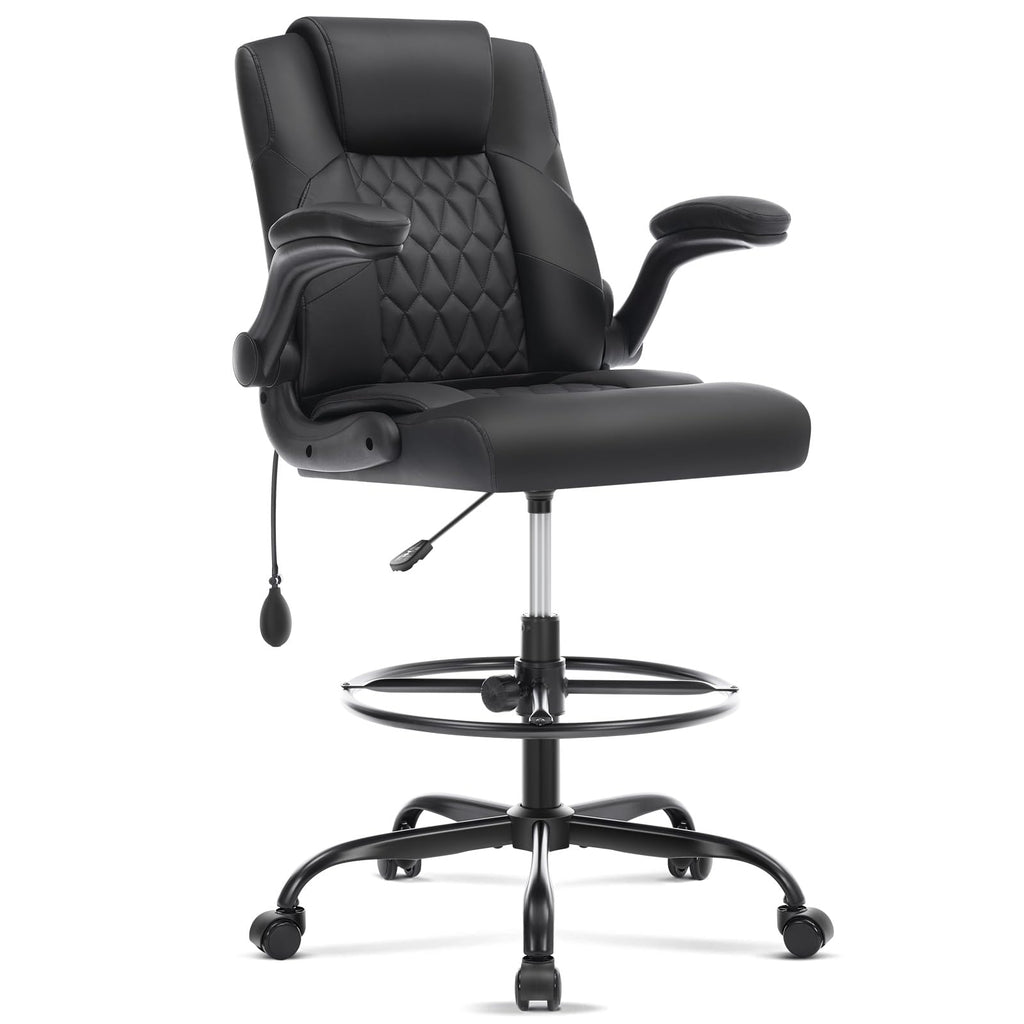 Leather Drafting Chair, Tall Office Chair for Standing Desk, High Executive Office Chair with Inflatable Lumbar Support,Adjustable Height,Flip-up Armres and Foot Ring Studio Chair Black