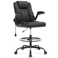 Leather Drafting Chair, Tall Office Chair for Standing Desk, High Executive Office Chair with Inflatable Lumbar Support,Adjustable Height,Flip-up Armres and Foot Ring Studio Chair Black