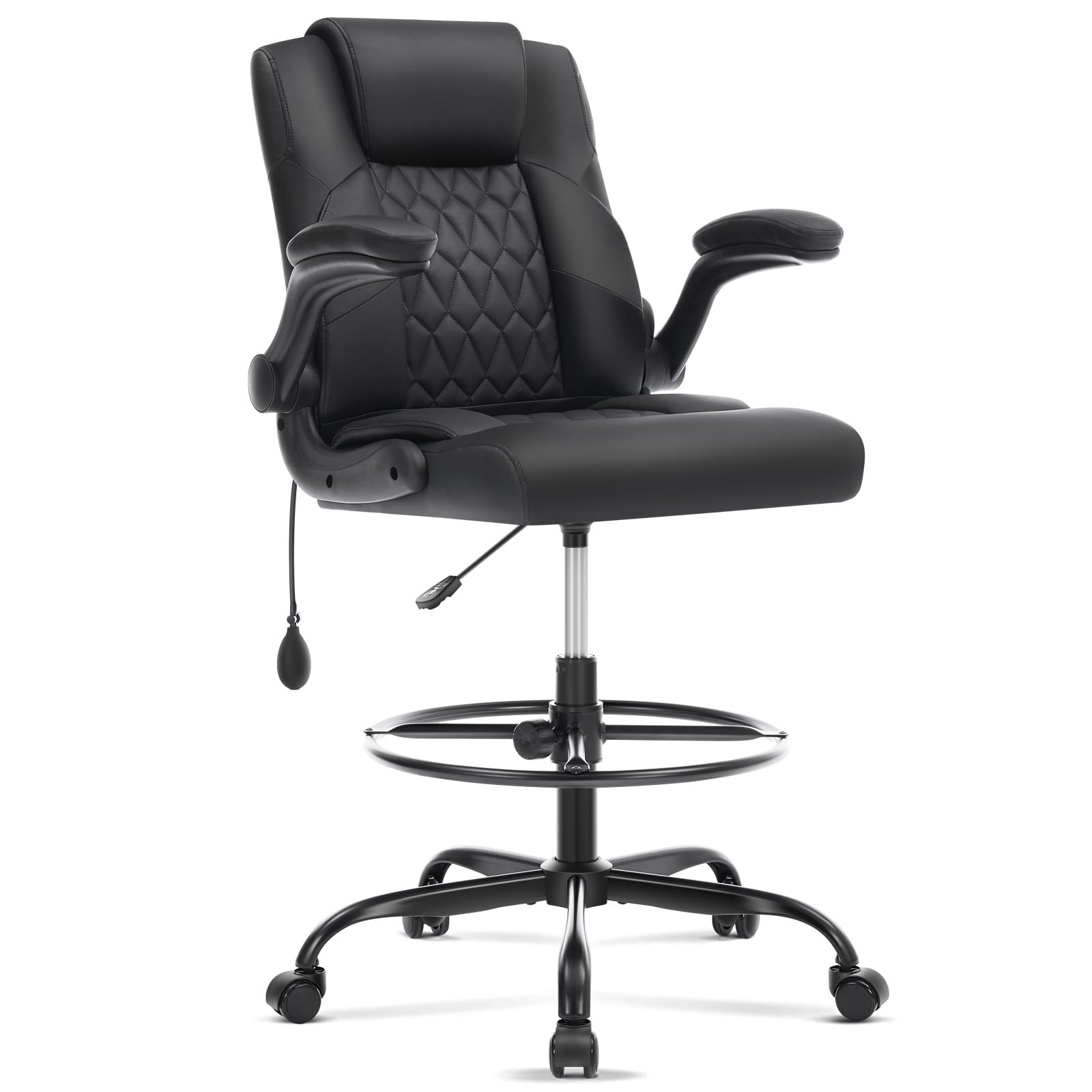 Leather Drafting Chair, Tall Office Chair for Standing Desk, High Executive Office Chair with Inflatable Lumbar Support,Adjustable Height,Flip-up Armres and Foot Ring Studio Chair Black
