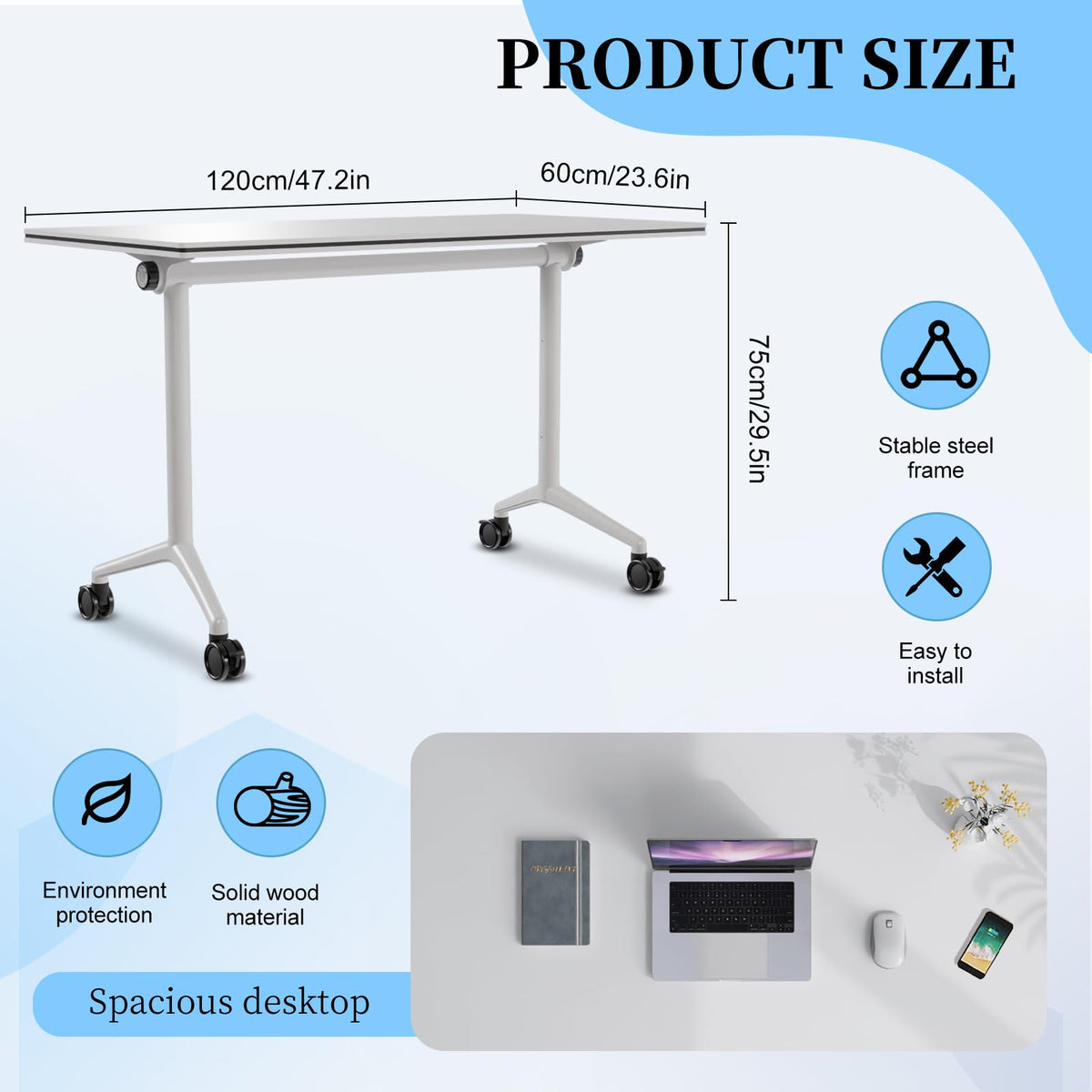 Conference Table, Folding Conference Room Tables, Modern Flip Top Seminar Training Meeting Table with Wheels, Modular Foldable Conference Tables for Home Office Classroom (White 2 Pack,47.2inch)