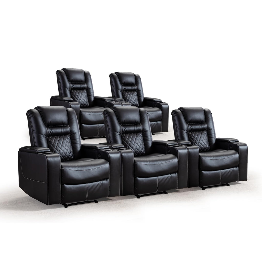 Electric Power Recliner Chair Set of 5, Breathable Leather Home Theater Seating with Hidden Arm Storage, Power Recliner Chair for Living Room with USB Ports and Cup Holders,Black