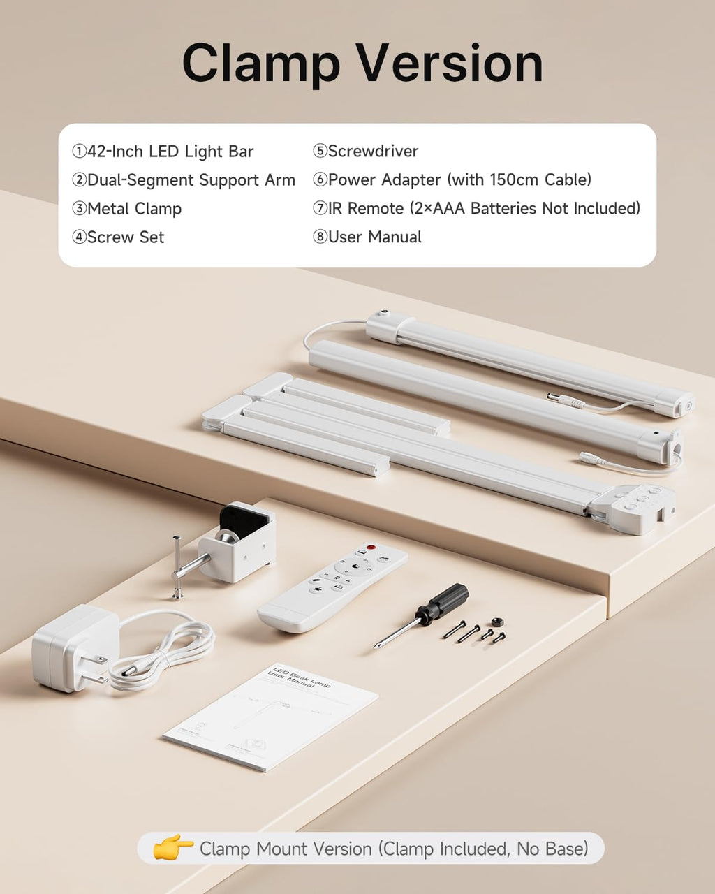 42" LED Desk Lamp with Clamp, Architect Desk Light with Remote, Adjustable 4-Segment Bar, 1800LM Bright, Eye-Caring Desk Lamp for Home Office, Reading, Study, Dual Monitors, Workbench (White)