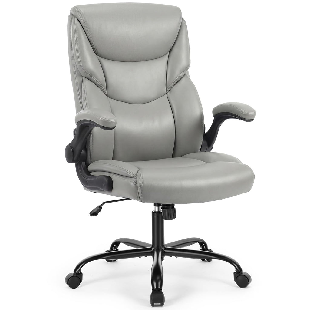 Ergonomic Office Chair, Heavy Duty 275lbs High Back Desk Chair, Flip-up Armrest PU Leather Swivel Rolling Chair with Wheels,Grey