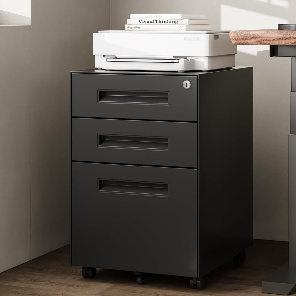 3 Drawer Metal Rolling File Cabinet Under Desk Filing Cabinet Black