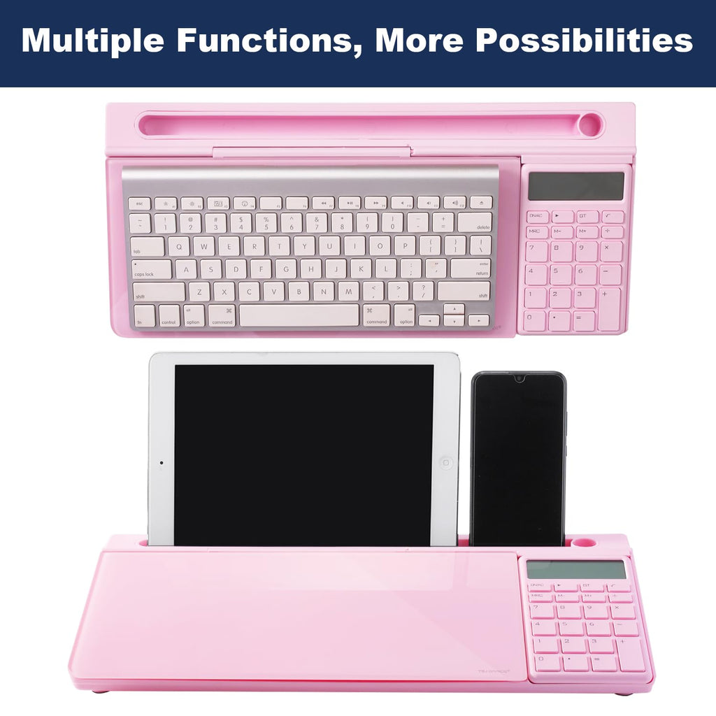 Small Glass Desktop Whiteboard Dry-Erase-Board - Computer Keyboard Stand with Calculator White Board Surface Pad with Drawer, Desk Organizers with Accessories for Office, Home, School Supplies - Pink
