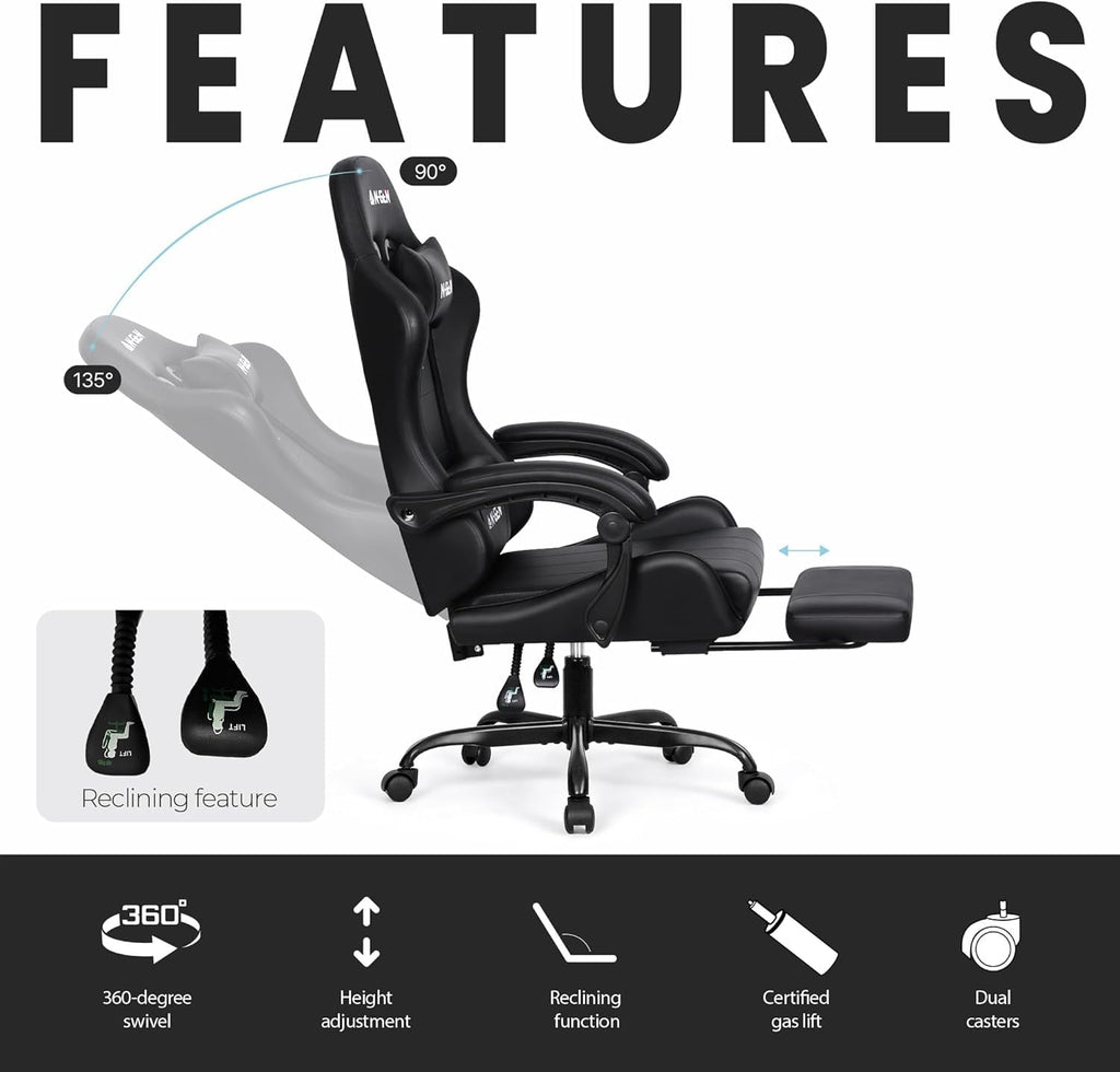 Gaming Chair with Footrest Lumbar Support for Home Office High Back Recliner Height Adjustable Ergonomic Comfy Leather Computer Desk Chair (Carbon Black)