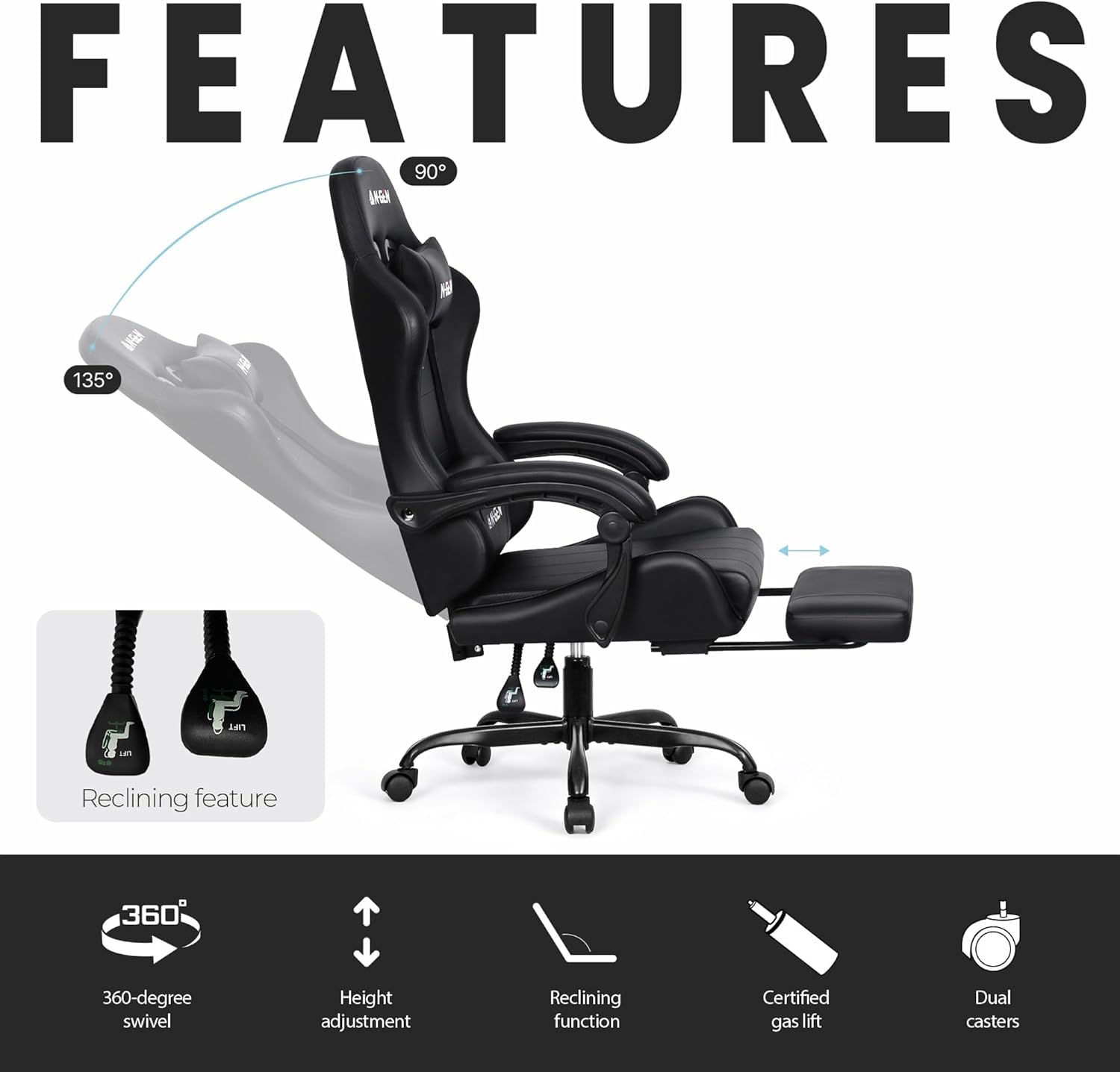 Gaming Chair with Footrest Lumbar Support for Home Office High Back Recliner Height Adjustable Ergonomic Comfy Leather Computer Desk Chair (Carbon Black)