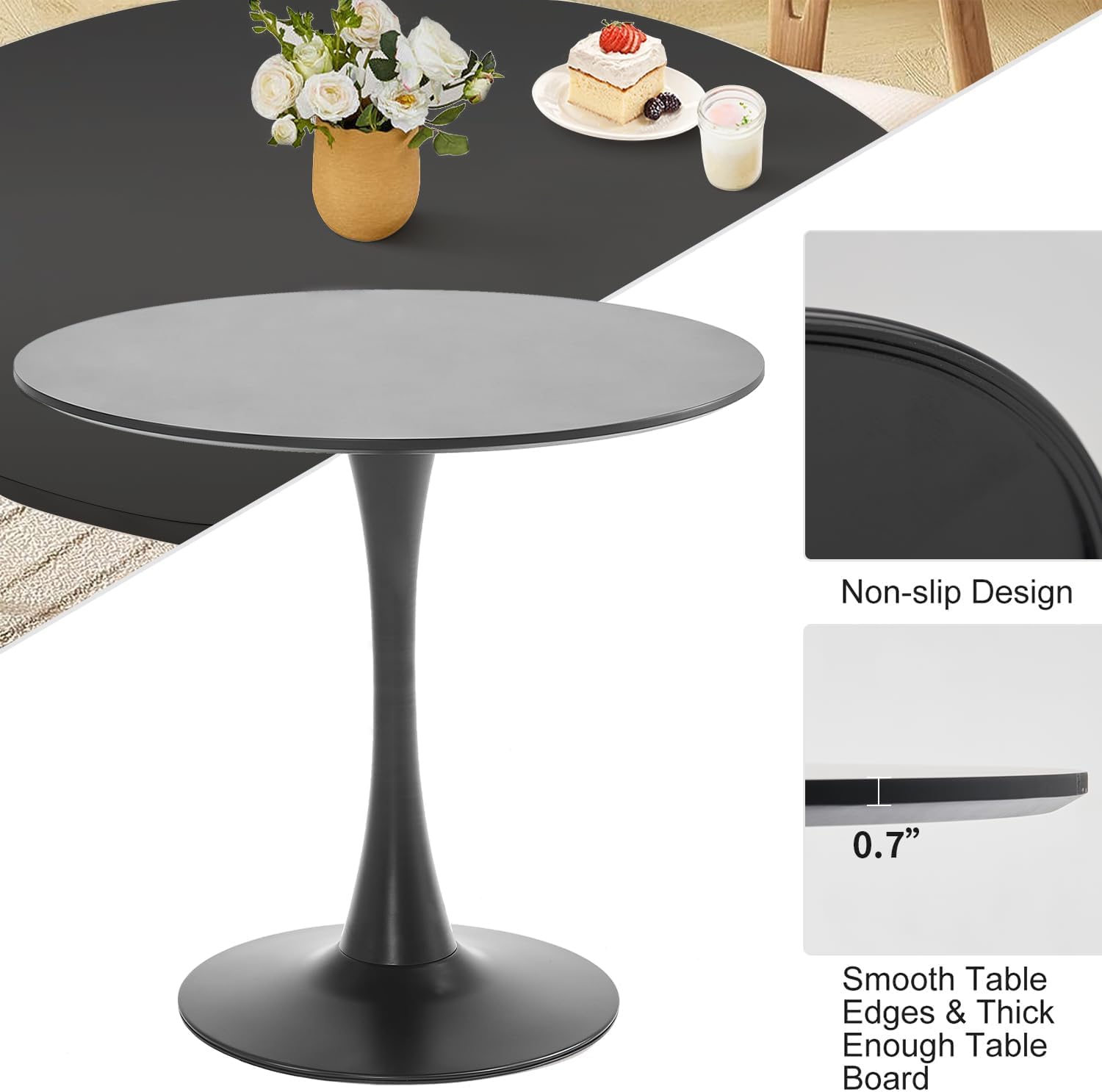 TUOMUR Black Round Dining Table, 31.5" Circle Tulip Table Kitchen Round Dining Table for 2-4 People with Thickened Top and Metal Pedestal, Mid-Century Leisure Table for Home, Dining Room, Cafe