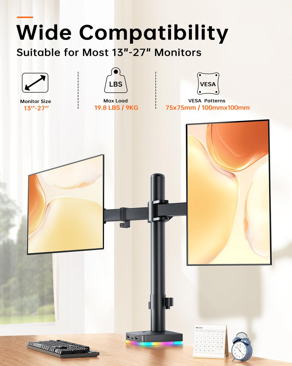 Dual Monitor Desk Mount, Monitor Stand with 3 USB Ports, Charging and USB Data Transfer Function, Adjustable Arms for 13"-27" Monitors up to 17.6lbs, VESA 75x75mm 100x100mm, Ergonomic Design