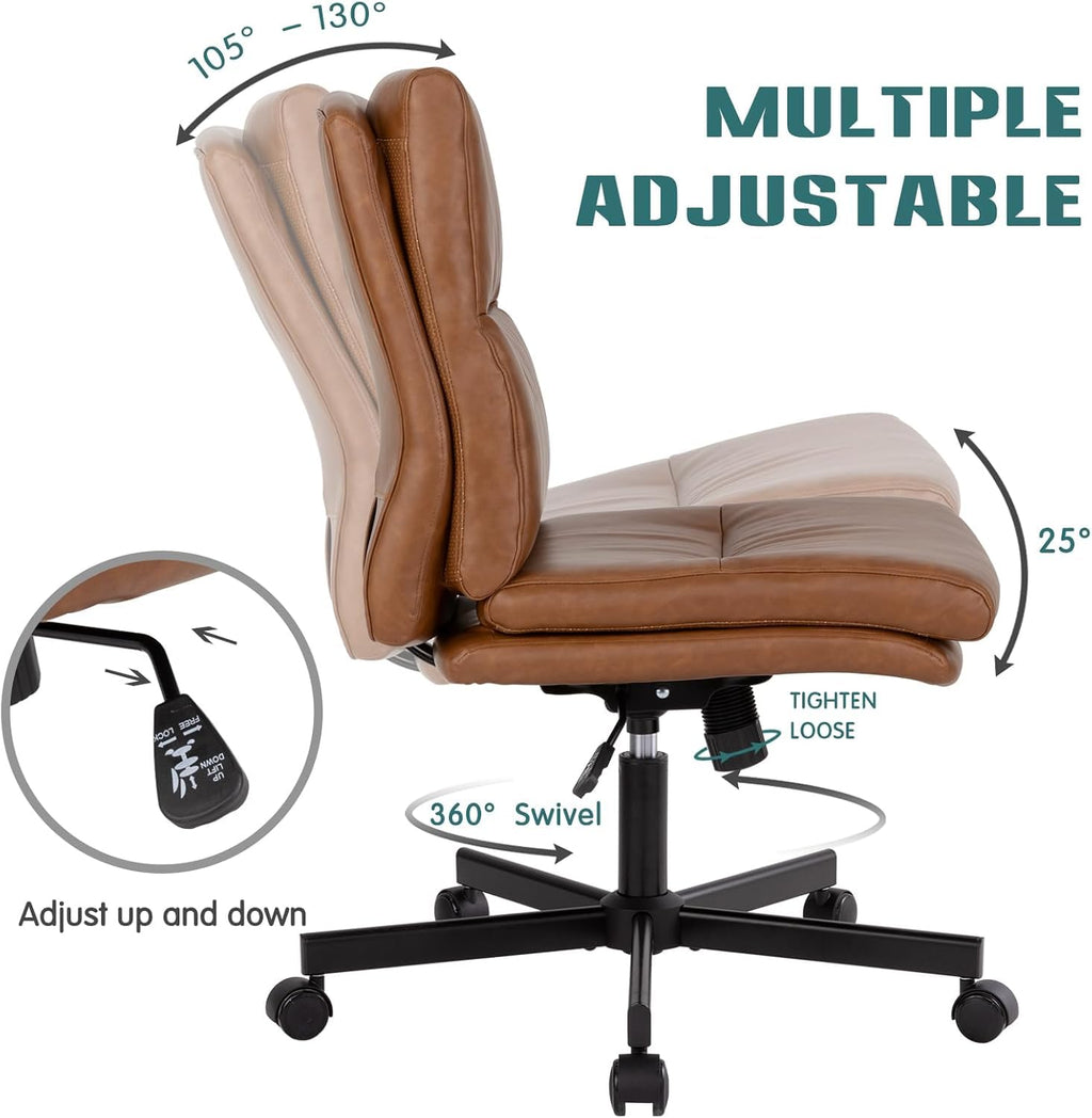 Armless Office Desk Chair with Wheels, Mid-Back Criss Cross Swivel Task Chair, Height Adjustable Cushioned Vanity Chair, Double Padded PU-Leather Chairs for Home, Office & Bedroom (Brown)