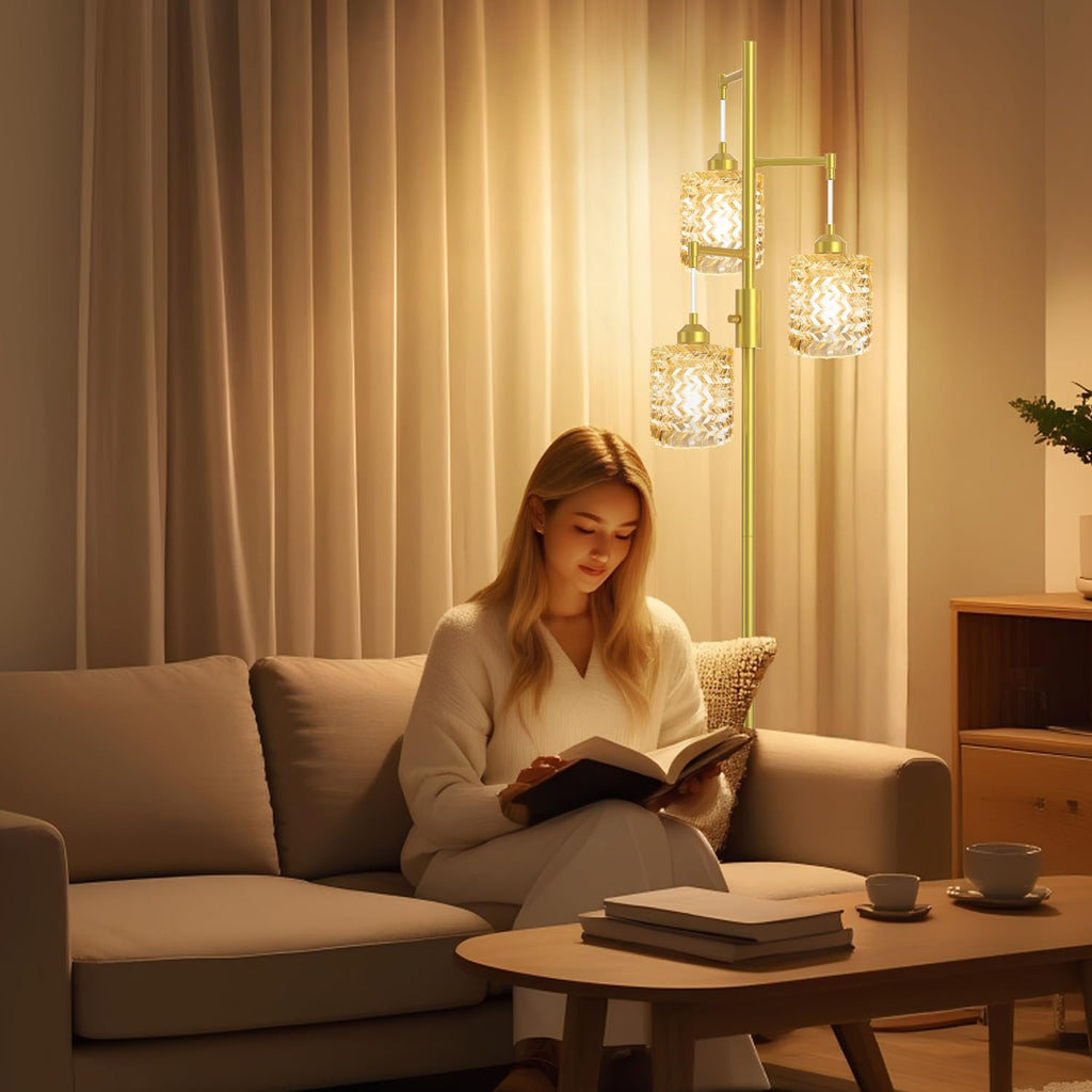 Gold Floor Lamp for Living Room, 3-Light Gold Glass Lampshades