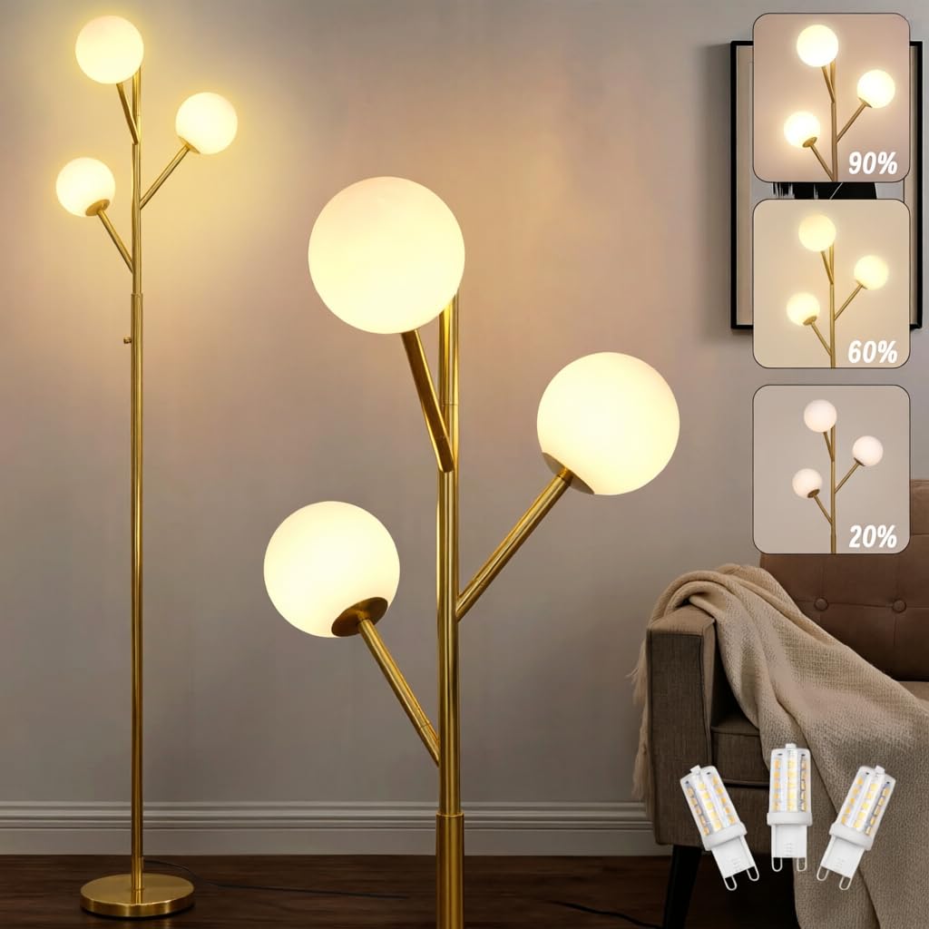 70in Gold 3-Globe Mid Century Dimmable Floor Lamp for Living Room G9 LED Bulbs Included,Modern Standing Lamp with Frosted Glass Shade for Bedroom,Studyroom Antique Brass Lighting(dimmer-Gold)