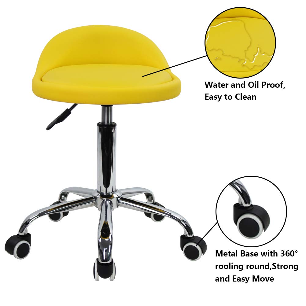 PU Leather Round Rolling Stool with Back Rest Height Adjustable Swivel Drafting Work SPA Task Chair with Wheels (Yellow)