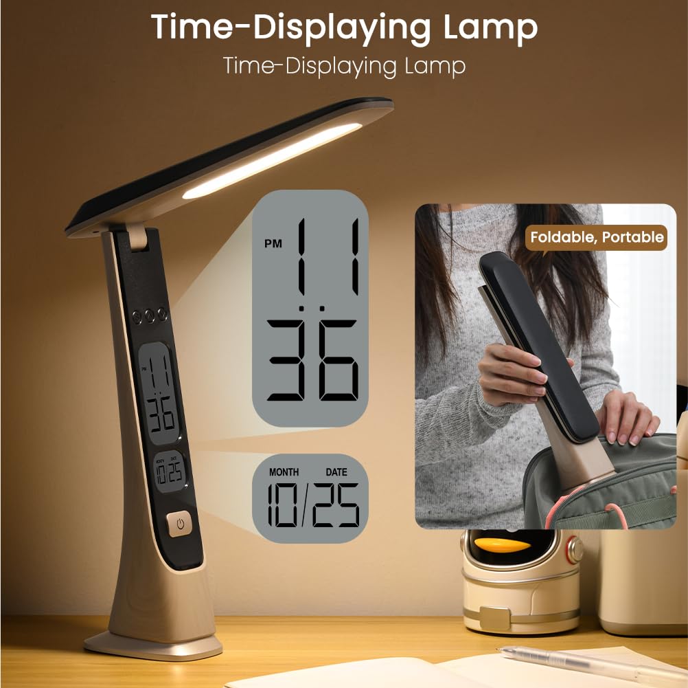 Rechargeable Lamps Cordless Table Lamp, Foldable Portable Desk Lamp, Battery Operated Lights with Stepless Brightness&Time Display for Home Office, Book Lights, Desk Accesories, Tea White