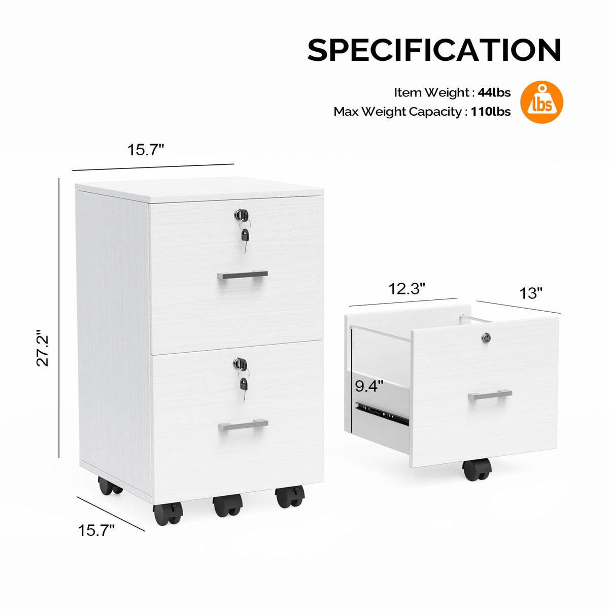 2 Drawer File Cabinet with Lock, Wood Grain White File Cabinets for Letter Size File Folders with Tabs, Mobile Under Desk Filing Cabinets for Home Office, Rolling Filing Cabinet Printer Stand