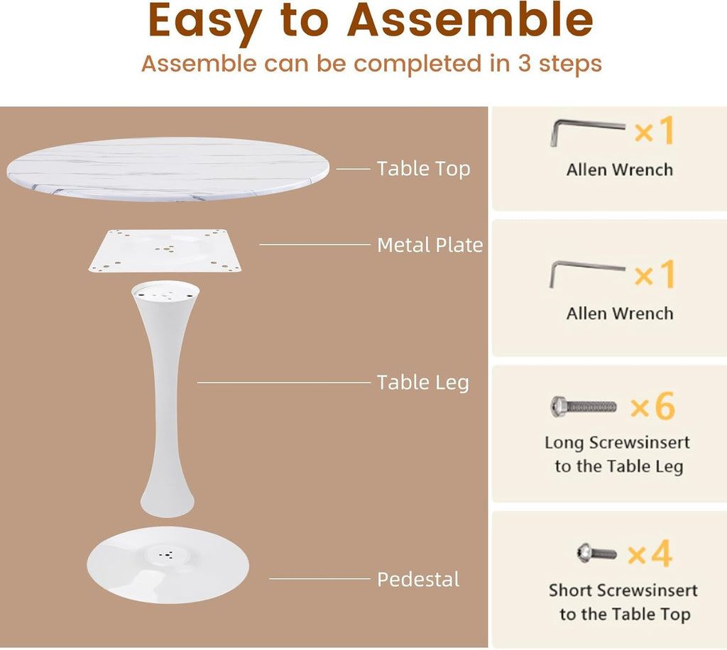 Comtrysail Round Dining Tulip Table for 4, Mid-Century Modern Table with Sturdy Metal Pedestal for Kitchen, Bistro, Cafe, Leisure (Faux Marble White, 31.5 INCH)