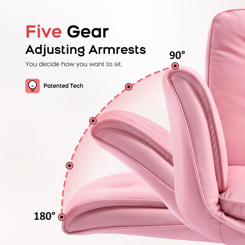 Criss Cross Office Chair, PU Leather Vanity Chair with 5-Level Adjustable Armrests & Swivel, Ergonomic Criss Cross Chair for Home Office Bedroom Makeup（Pink）