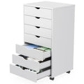 7 Drawer Rolling Storage Cabinet, Wood Under Desk Mobile Dresser with Wheels, Small Organizer Chest for Home Office, Bedroom, Living Room, Compact Vertical Storage Furniture Unit, White