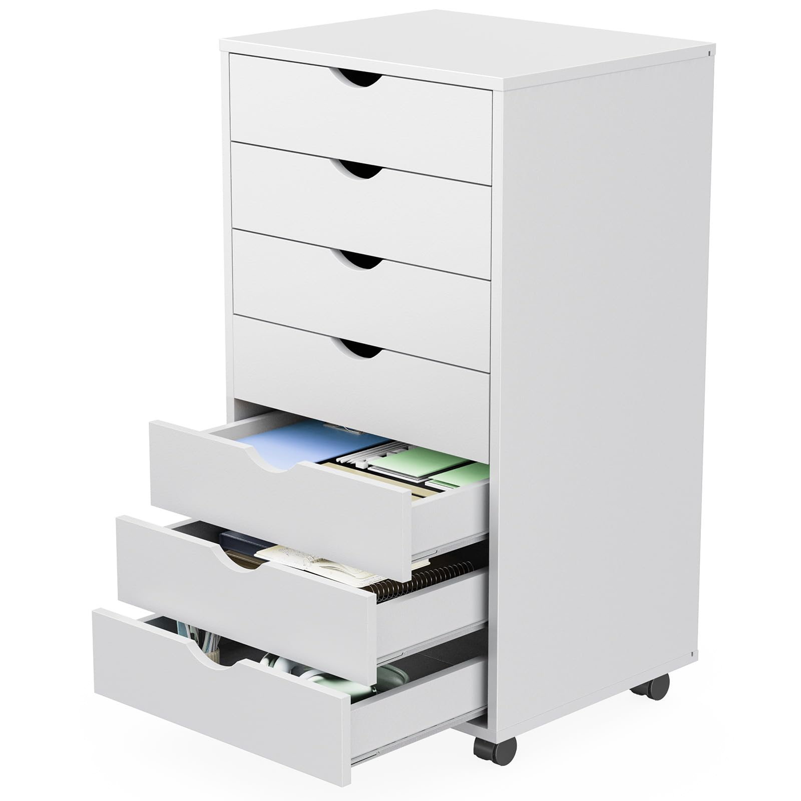 7 Drawer Rolling Storage Cabinet, Wood Under Desk Mobile Dresser with Wheels, Small Organizer Chest for Home Office, Bedroom, Living Room, Compact Vertical Storage Furniture Unit, White