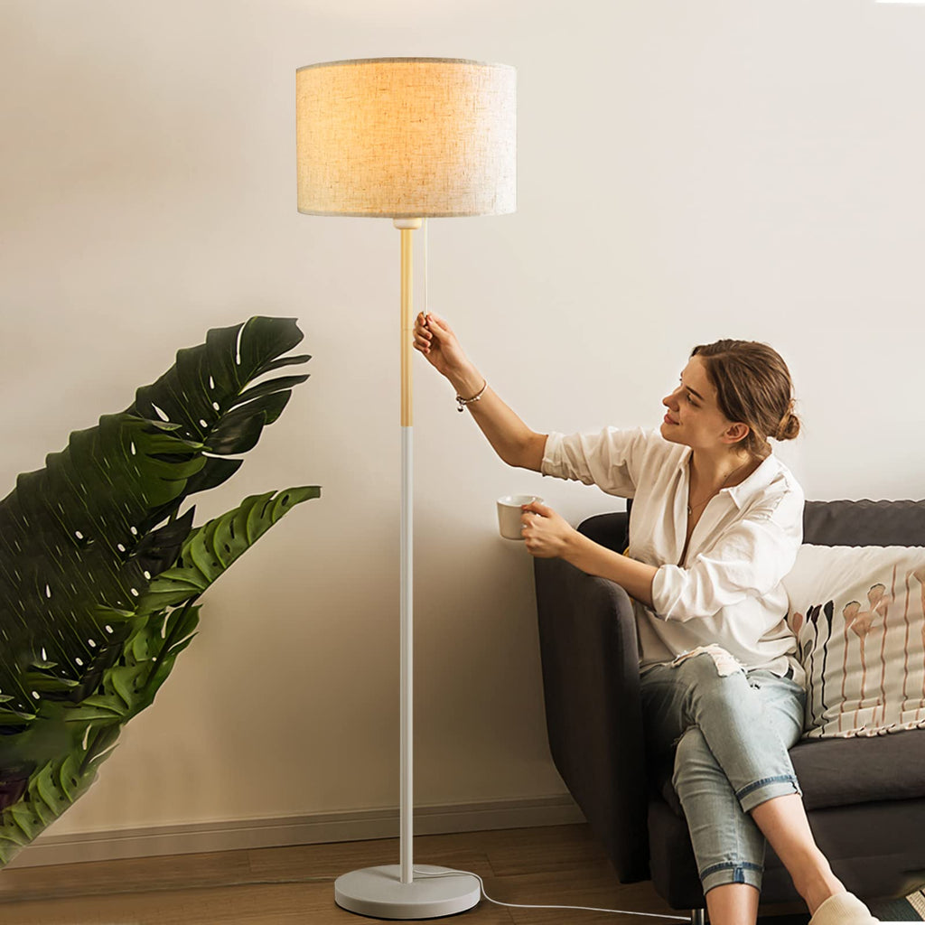 Bedroom Standing Floor Lamp, Farmhouse Lamp with Linen Shade, White