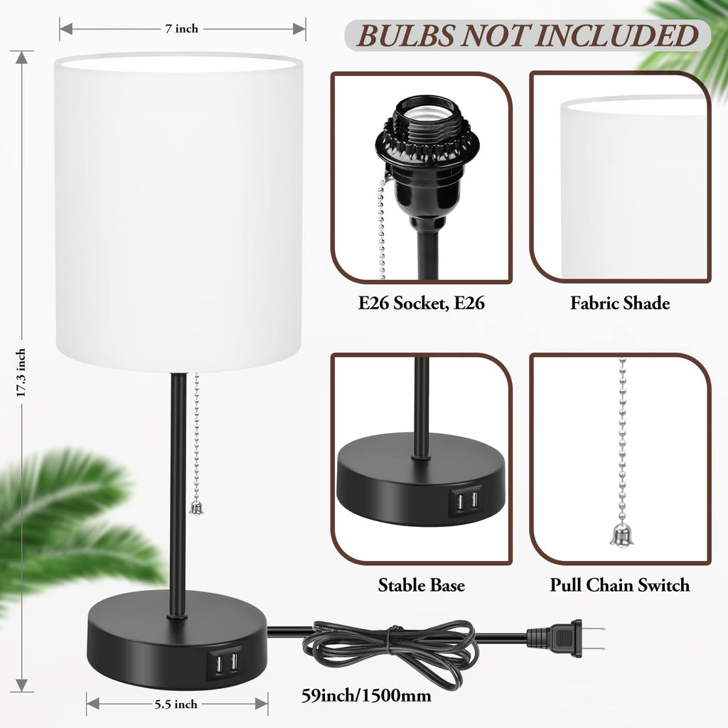 Bedside Table Lamps Set of 2 with USB Charging Ports and AC Outlet, White