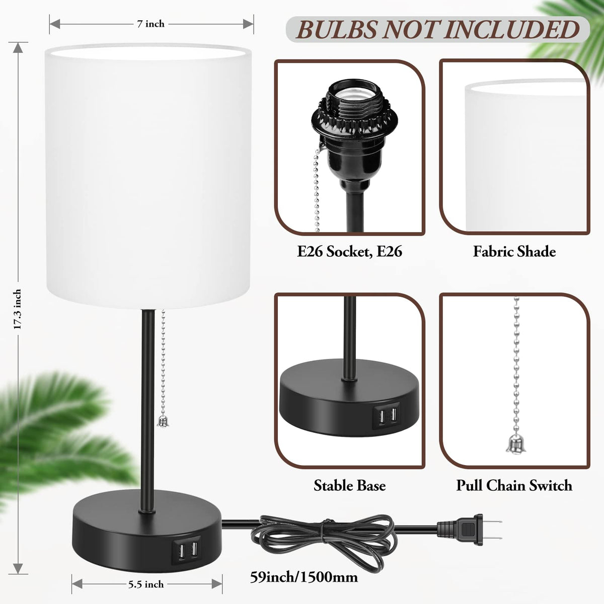 Bedside Table Lamps Set of 2 with USB Charging Ports and AC Outlet, White